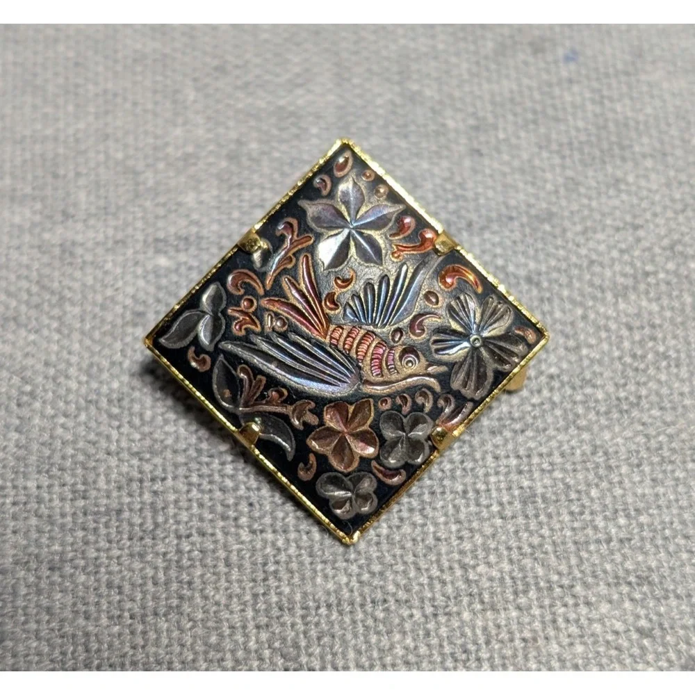 Vintage‎ Spanish Damascene Square Bird Floral Brooch Lapel Pin Flowers Pronged